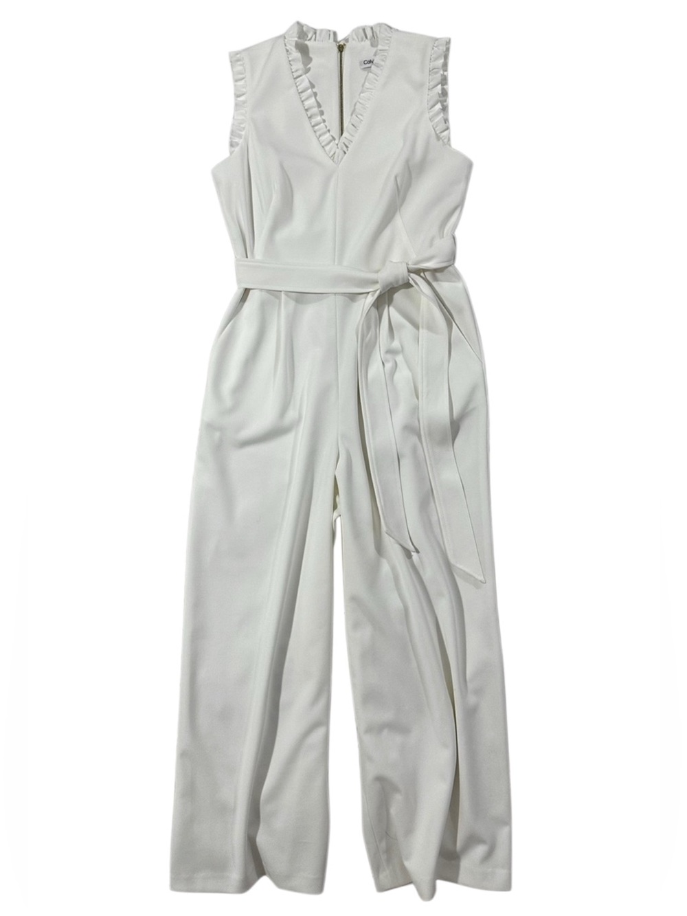 Calvin Klein White Jumpsuit NWT Wide Leg Belted Ruffle Neck Sleeveless Size 8